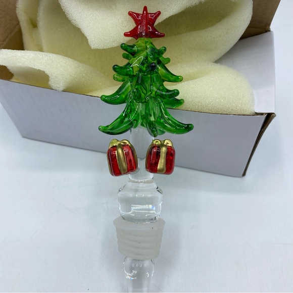 Art Glass Christmas Tree Bottle Stopper Wine Cap Glass Topper Presents Holiday - Picture 4 of 4